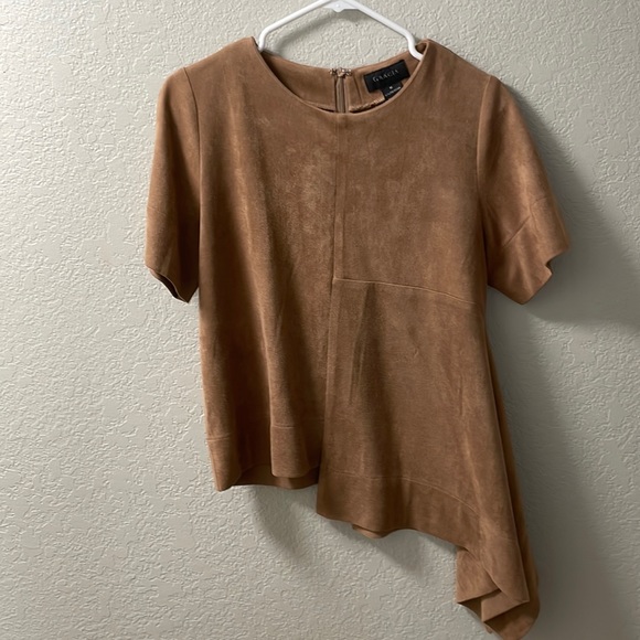 Gracia Faux Suede Asymmetrical Top Tan Draped Statement Blouse - Picture 2 of 6